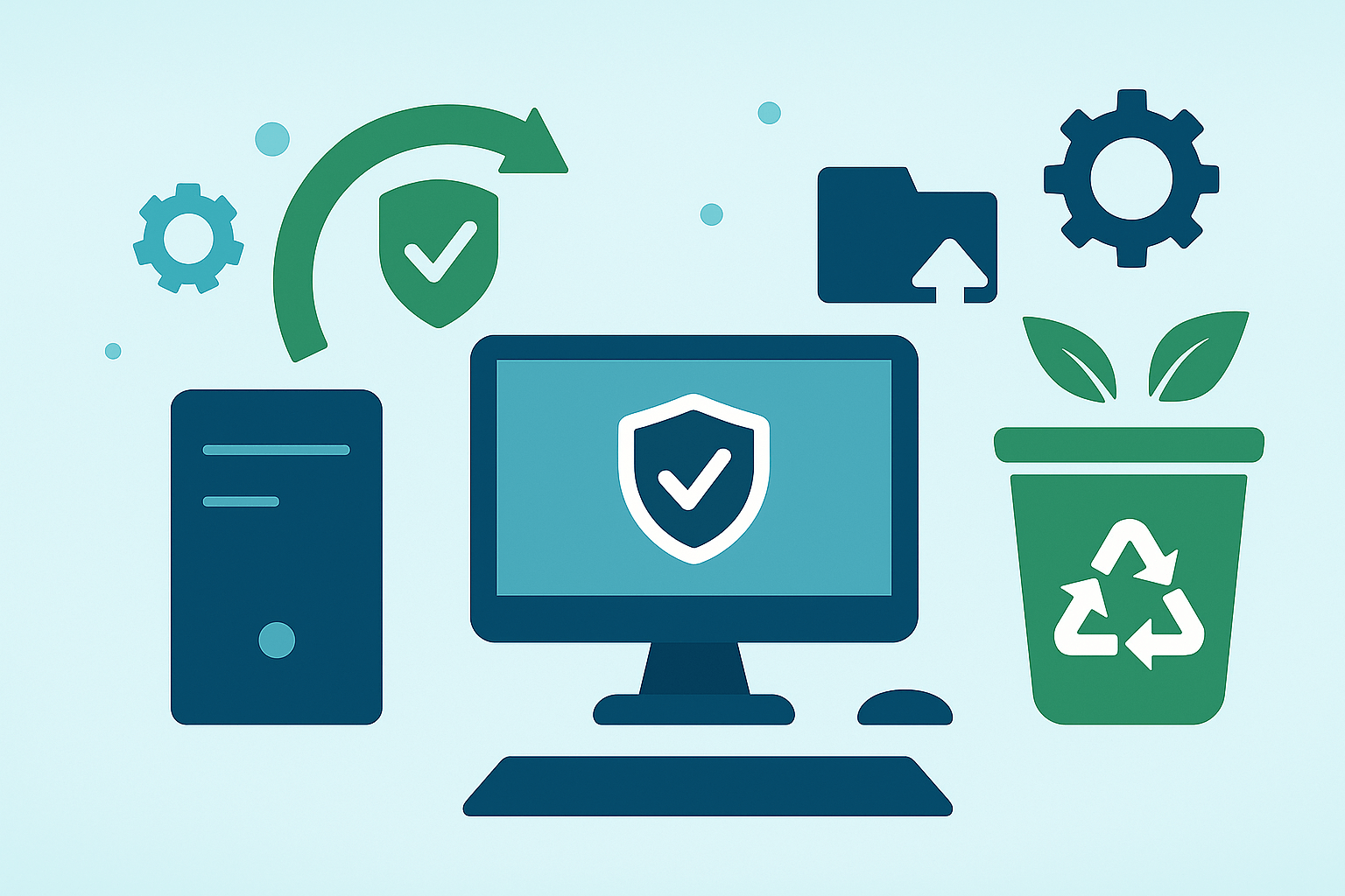 Vector illustration representing IT Asset Disposal (ITAD) with icons of computers, servers, recycling symbols, data security locks, and sustainability arrows in blue and green tones on a light background.