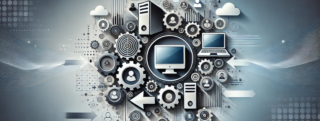 A modern, abstract graphic depicting the process of upgrading business hardware with minimal disruption. The image includes sleek computer icons, gears, and arrows representing progression and flow, set against a gradient of cool blue tones for a professional and technological feel.