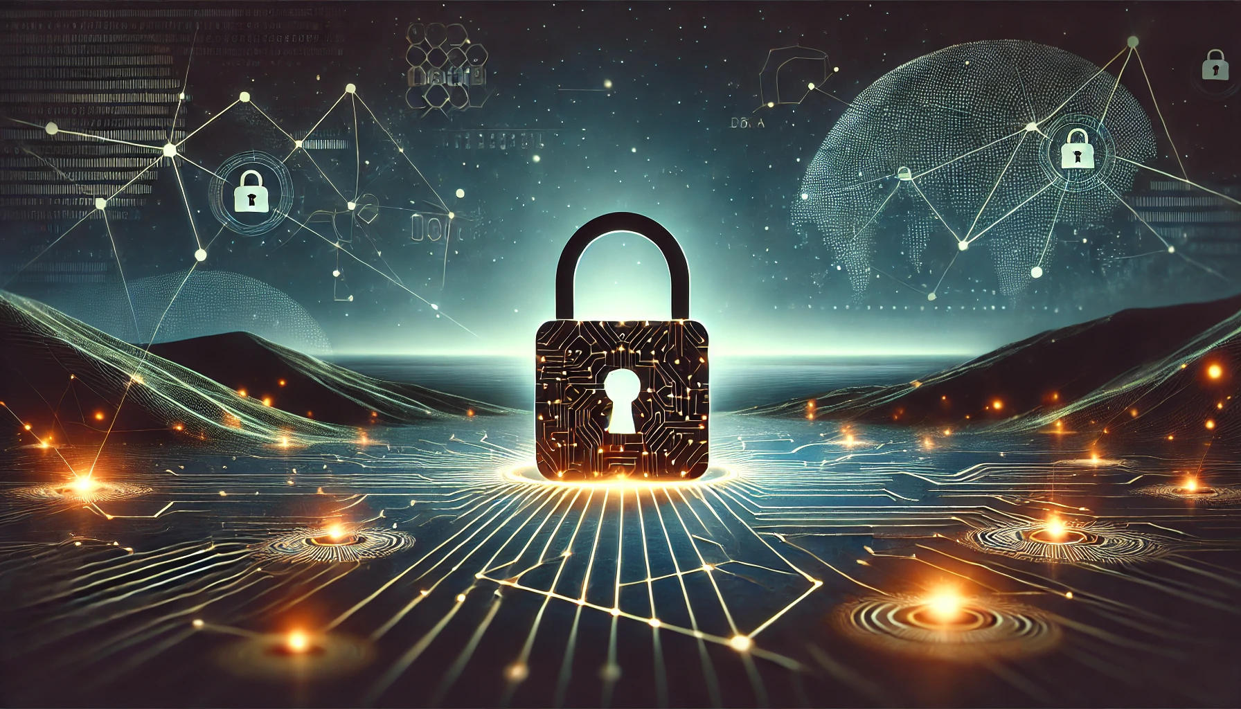 DALL·E 2024-09-06 16.18.08 – A visually striking landscape image for a cybersecurity article, featuring a single glowing padlock in the centre. The padlock represents security and Illustration representing secure business network infrastructure with cybersecurity elements like firewalls, monitoring, and segmented systems