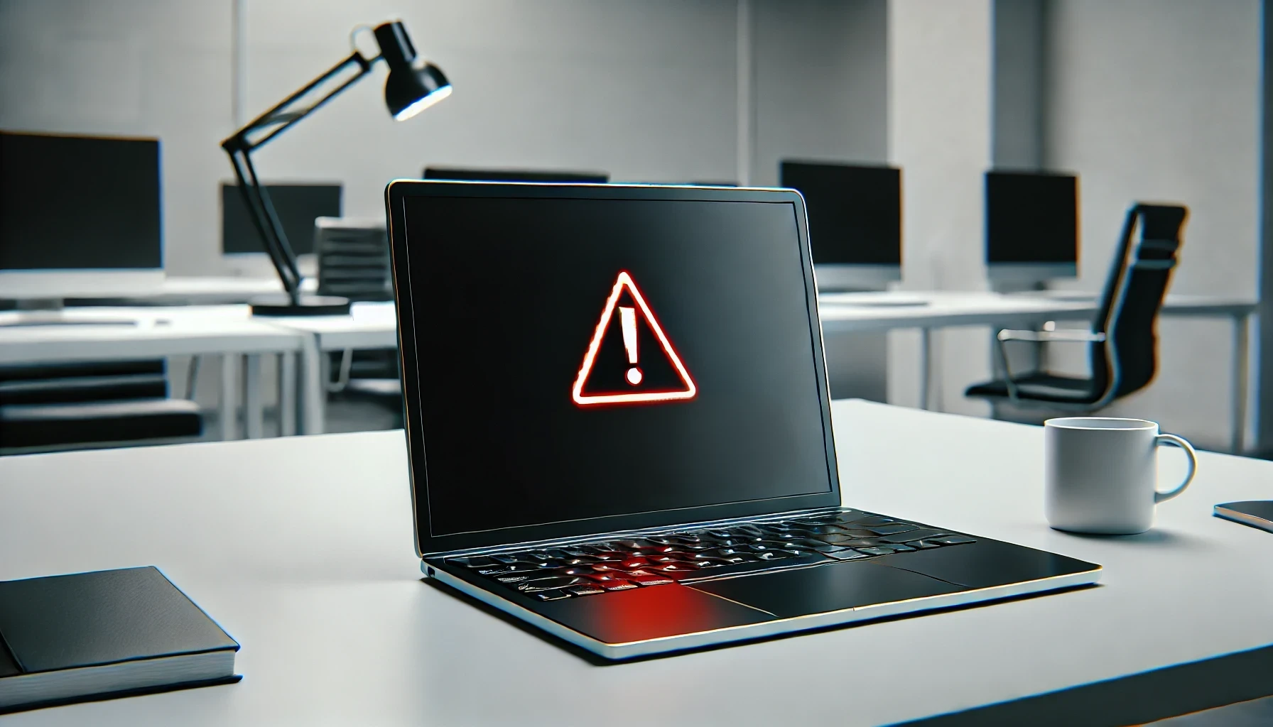 A laptop on a sleek office desk with a plain black screen, indicating overheating, in a minimalistic workspace.