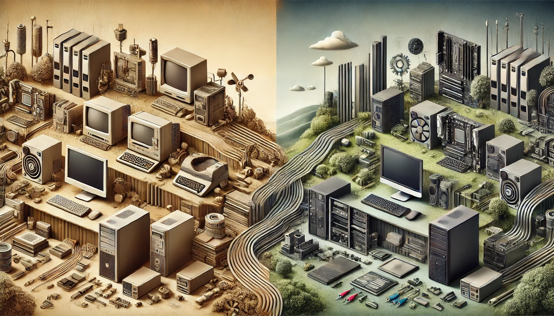 Illustration showing a gradual transition from older business IT systems to modern technology, featuring subtle differences in hardware and organisation.