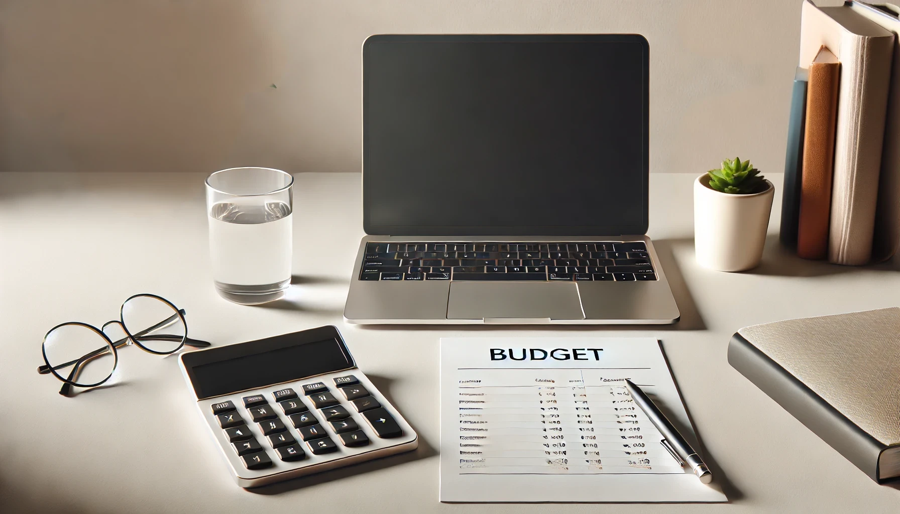 Desk setup with a laptop, calculator, and budget sheet, creating a clean and organised scene for business tech budgeting and financial planning.