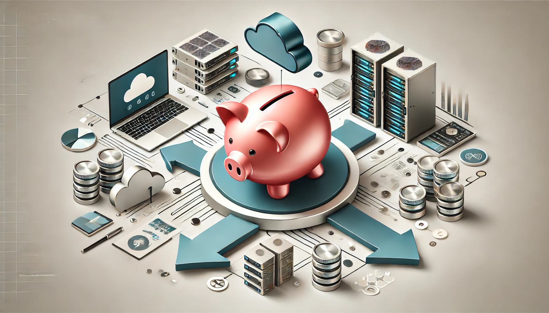 Piggy bank surrounded by tech devices like laptops, servers, and cloud icons with downward arrows symbolising cost savings."