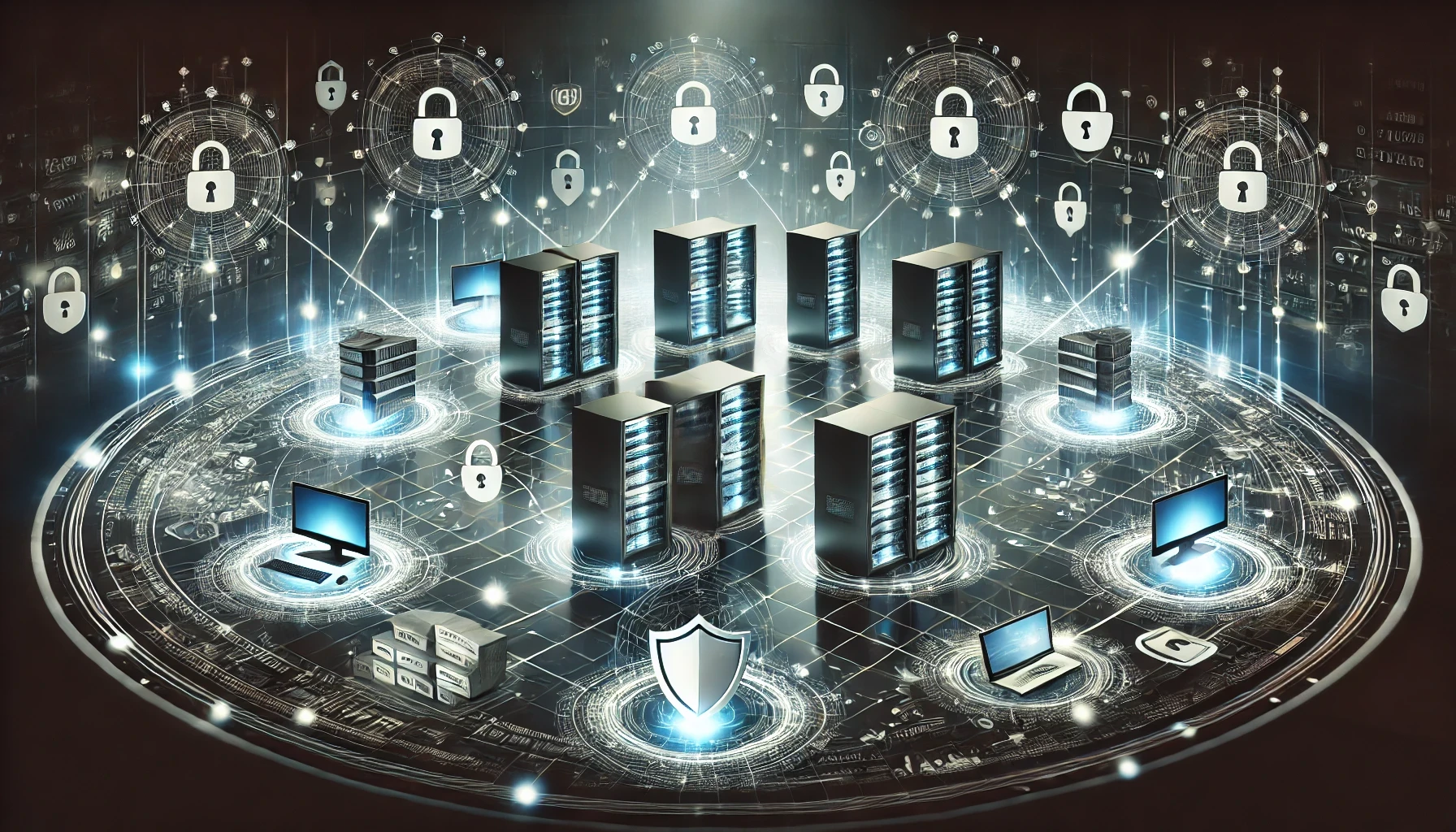 A secure office network with interconnected servers, data streams, and digital shields symbolizing cybersecurity and protection.