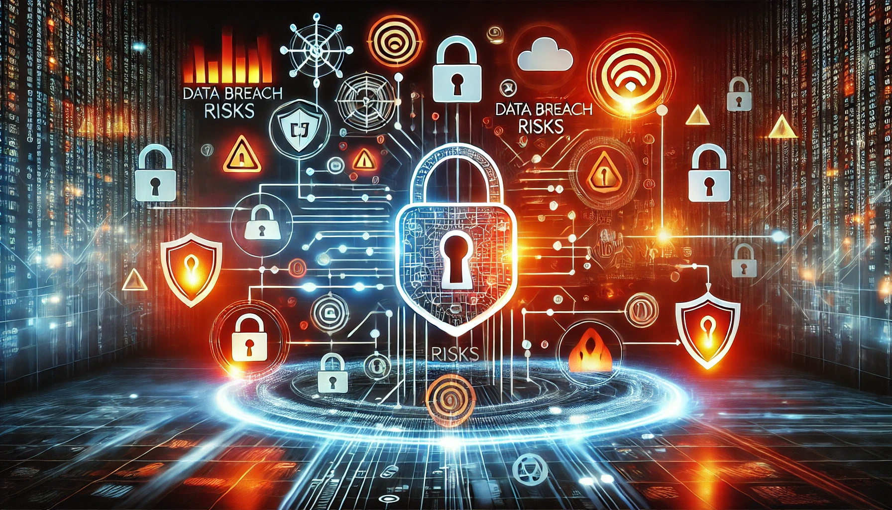 Graphical representation of cybersecurity with shields, padlocks, firewalls, and data streams symbolizing data protection.