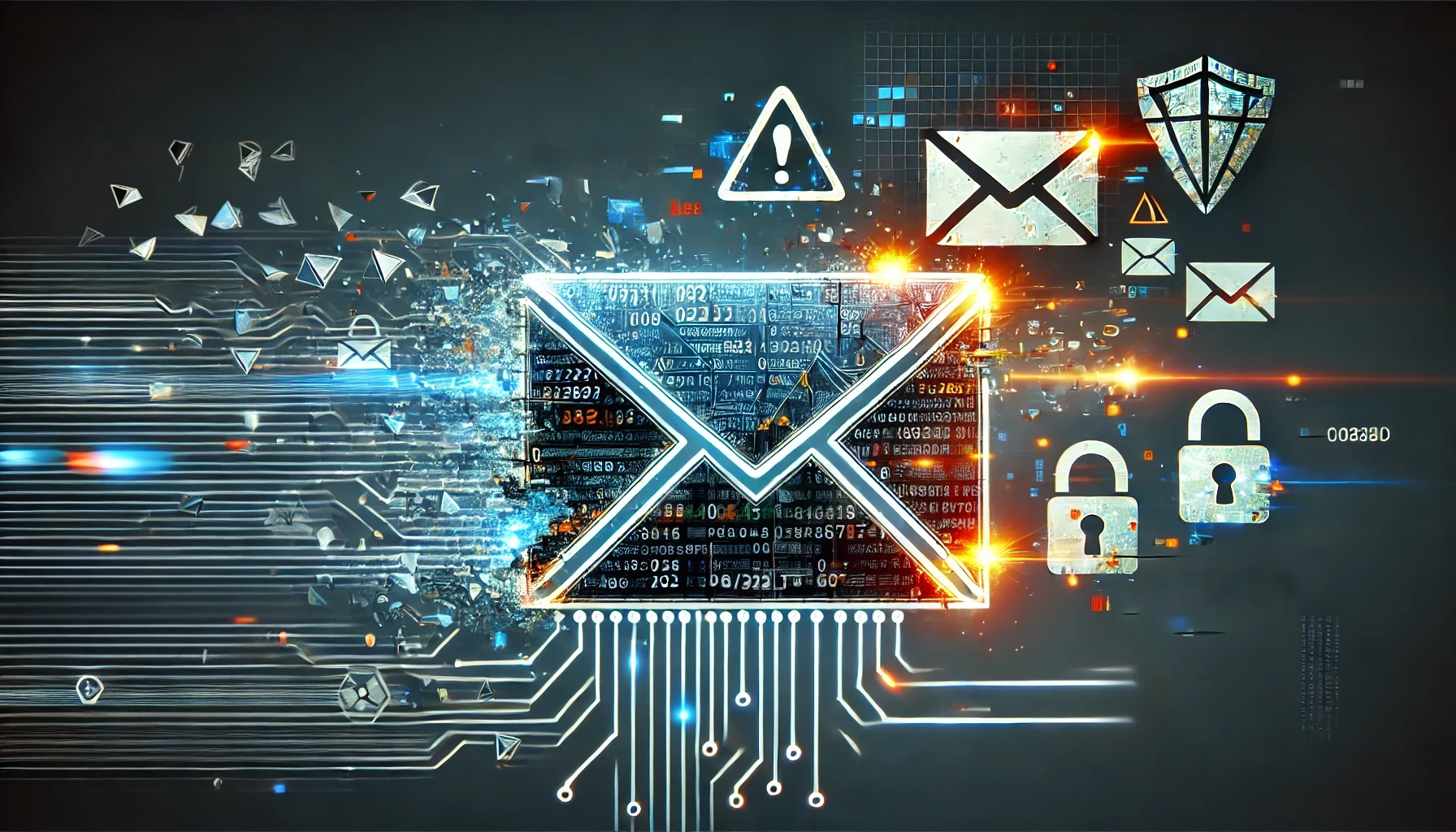 Abstract representation of a hacked business email with a fragmented envelope, shattered digital symbols, disrupted data streams, warning triangles, and glitch effects.