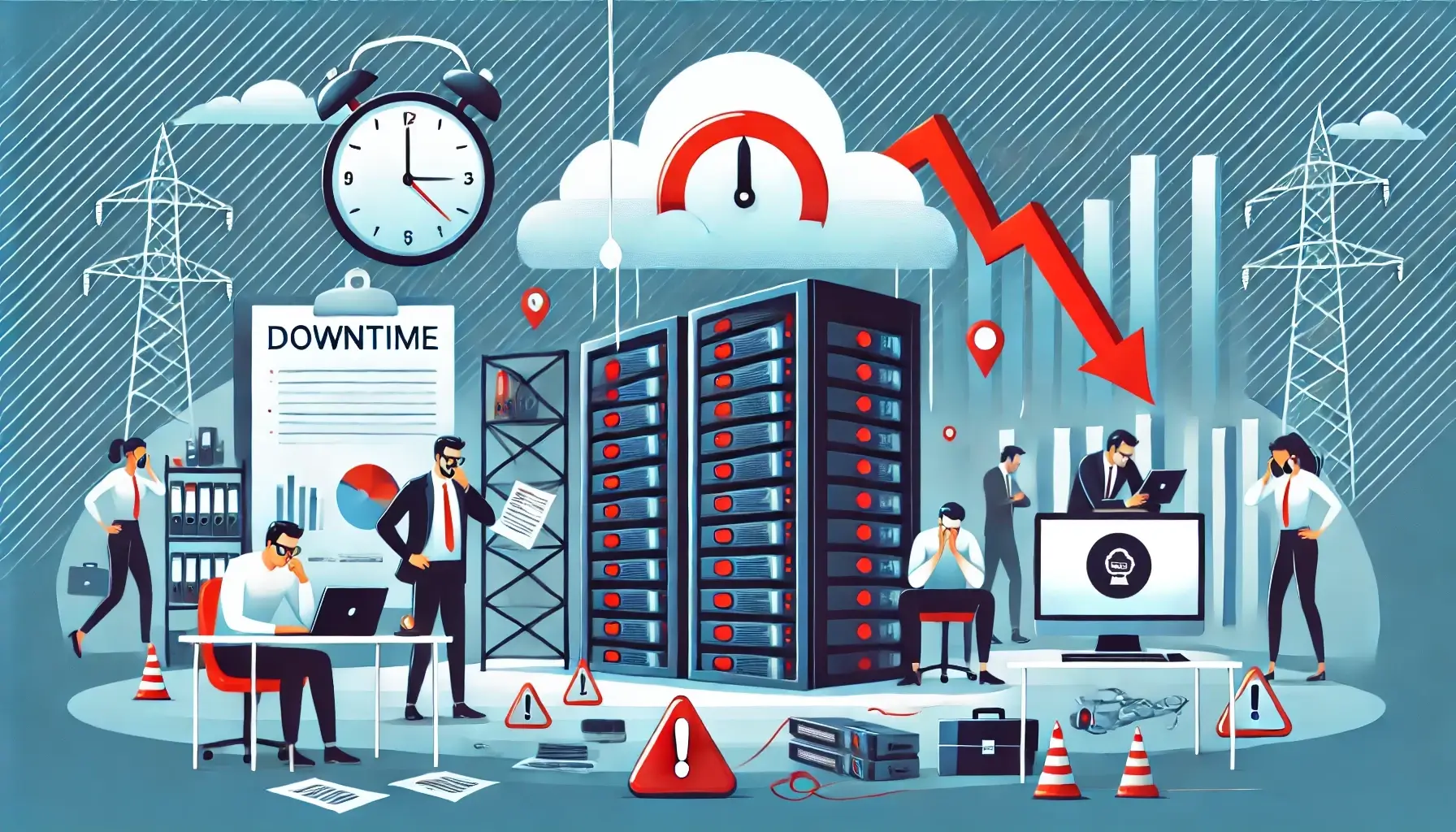 Vector illustration of IT downtime, showing a broken server, frustrated employees, and financial loss.