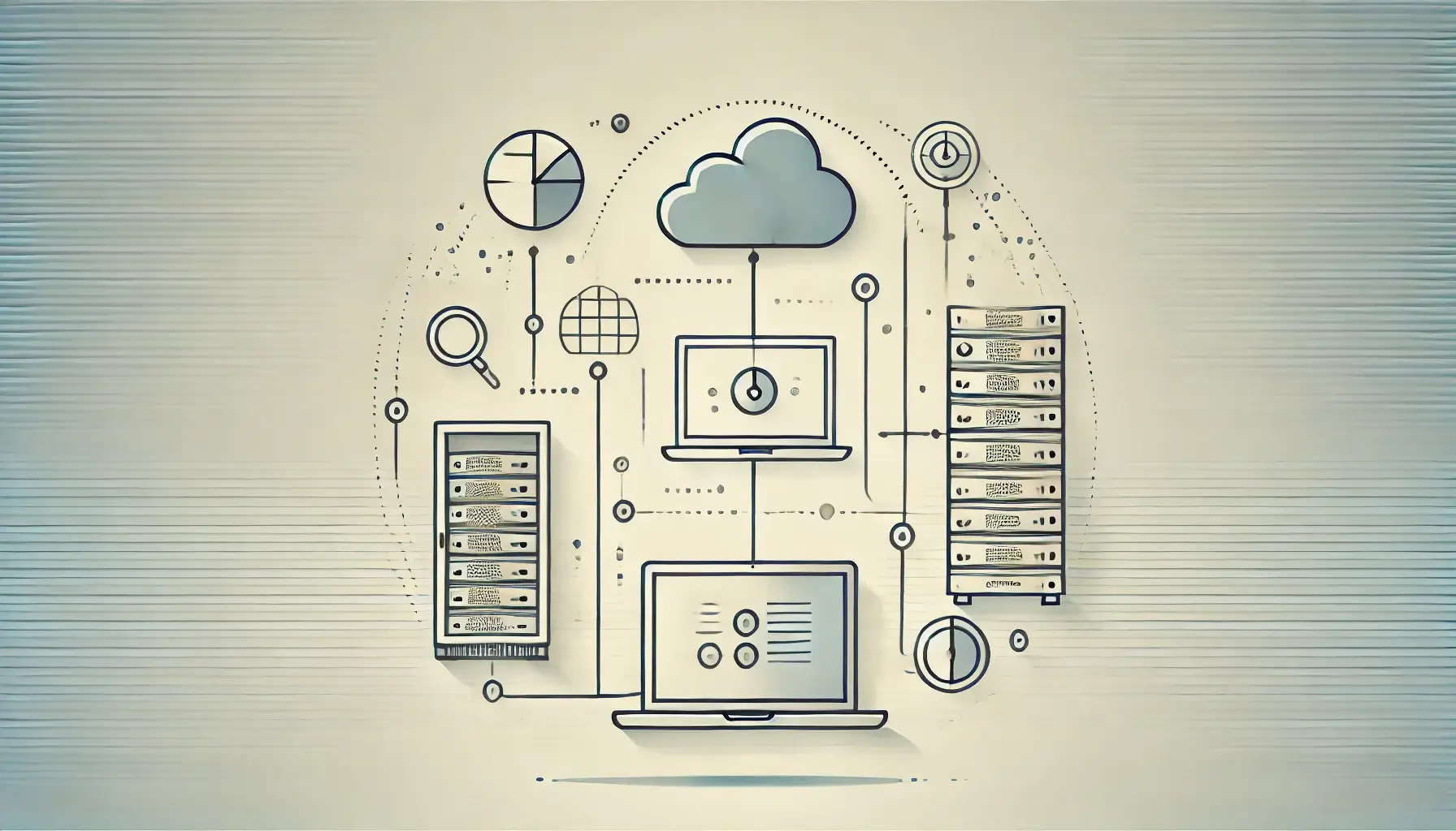 illustration of a laptop, server, and cloud connected by thin lines, symbolizing business hardware integration.