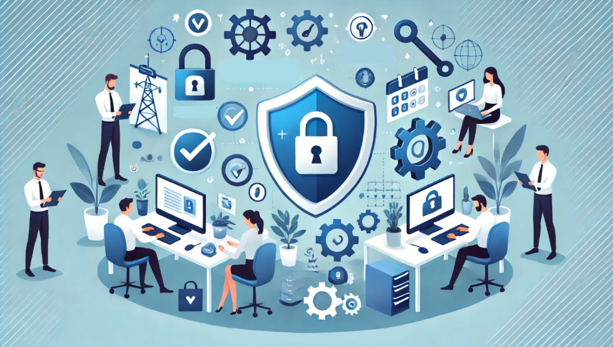 A landscape image of cybersecurity improvements for small businesses. Icons include a shield, padlock, computer with checkmark, settings gear, mobile phone with lock, and key.