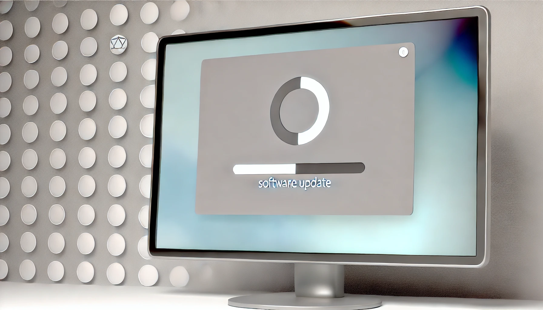 Computer screen showing a software update in progress, with a progress bar and circular loading icons on a clean, dark background, indicating an ongoing system update.