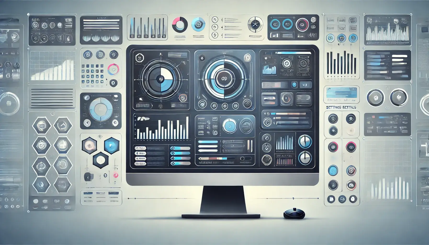 illustration of a computer screen displaying abstract software interfaces with dashboards and icons